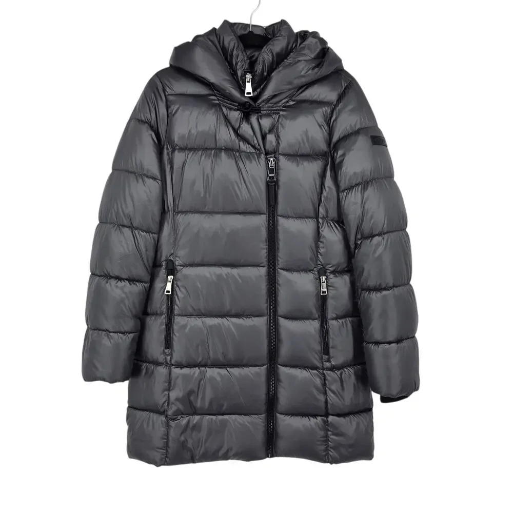 NWT DKNY Titan Black Bibbed Shawl-Collar Packable Shine Puffer Coat Size S